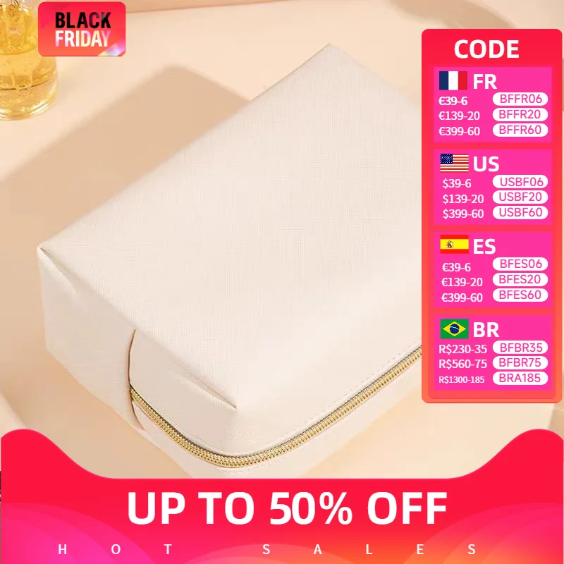 

Women Waterproof PU Leather Cosmetic Bag Solid Color Makeup Pouch Travel Portable Wash Toiletry Storage Bag Organizer Purse 2023