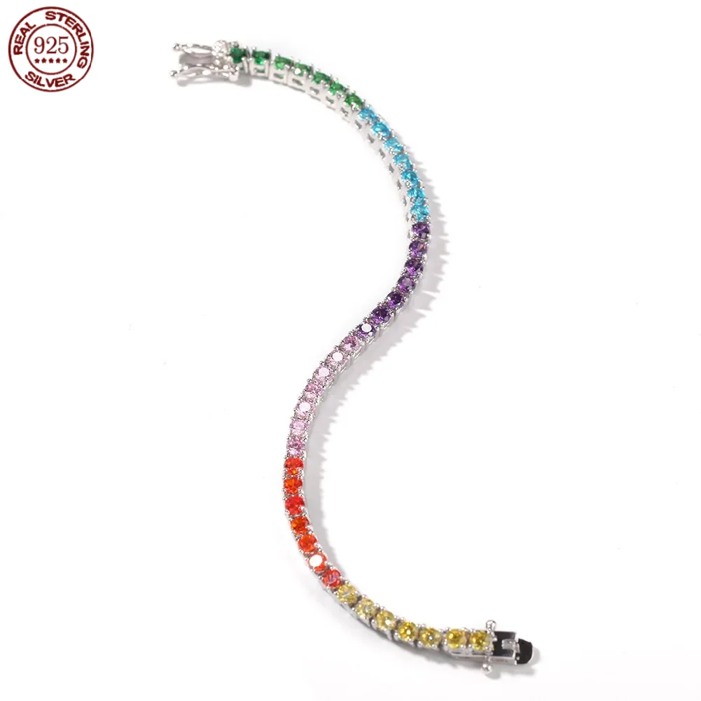 

Pure Silver Rainbow Tennis Bracelet Pave 3.5MM Bling Rainbow Zircon 18K Gold Plated Beautiful Real 925 Fashion Exquisite Jewelry