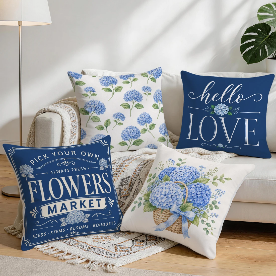 Blue Hydrangea Pillowcase Printed Polyester 40/45/50cm Throw Pillowcover Decorative Sofa Cushion Pillowslip Home Decor
