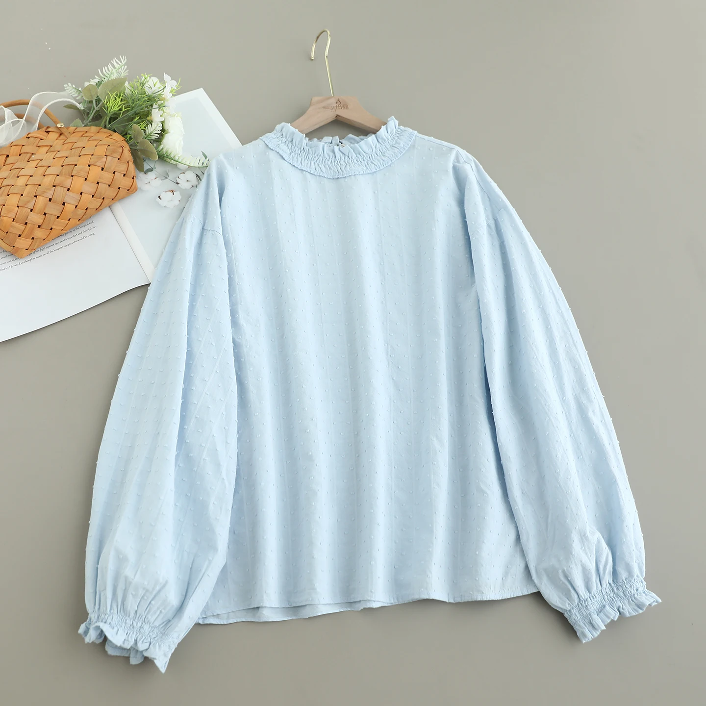 和菓子森ガール無地食用樹菌綿シャツ女性秋スタンドカラー長袖カジュアルブラウストップス