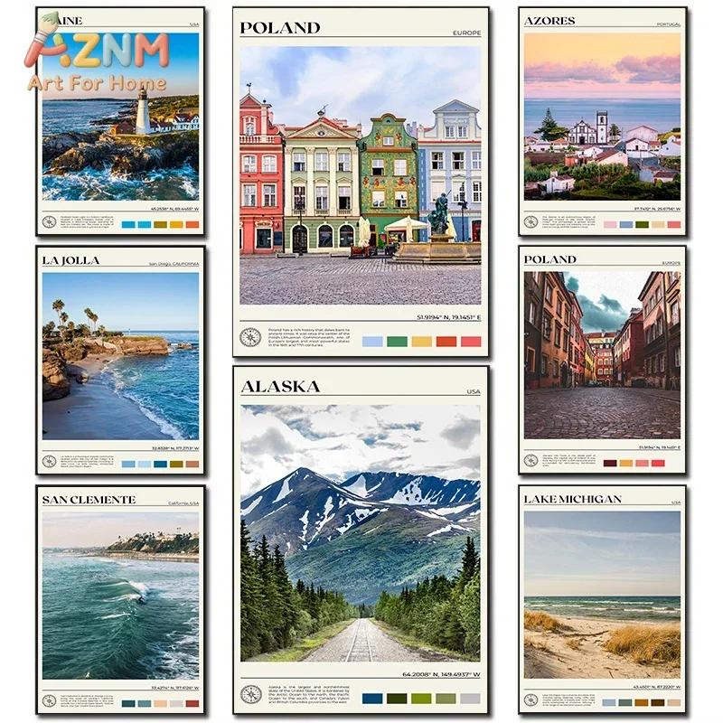 AZNM Vintage World Travel Landscape Canvas Wall Art, Poland Alaska Maine Coastal Scenery Poster Print, Unframed Canvas Painting