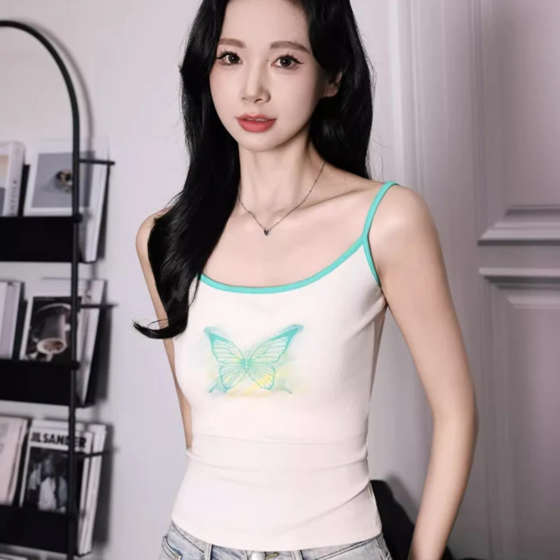 Summer Fashion Contrast Color Butterfly Print Sleeveless Slim Camisole For Women