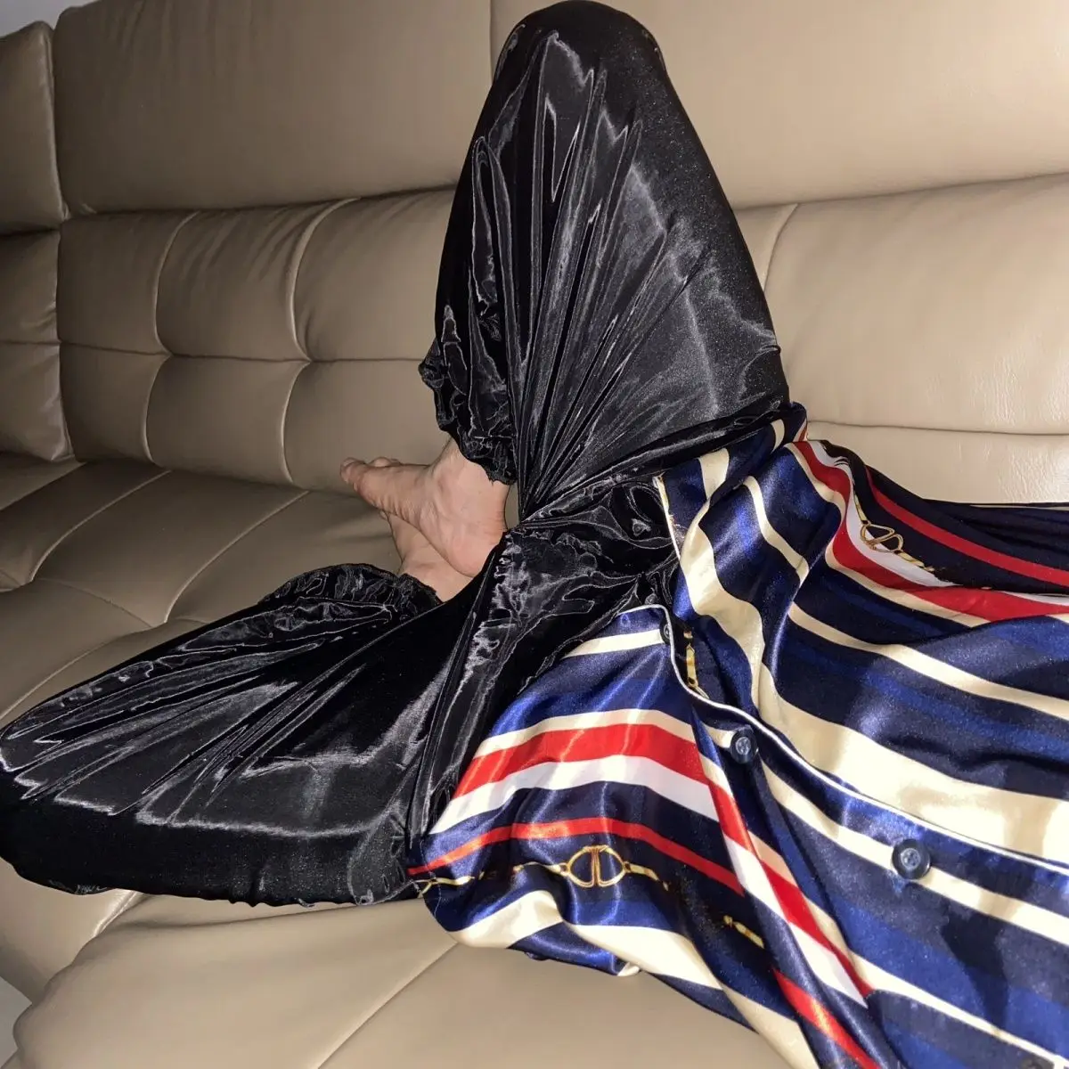 

Glossy 2 layers mesh gauze pajamas pants Summer spring plus size sleeping bottoms lantern trousers
