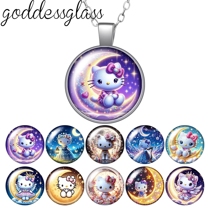 Hello Kitty Moon Style Night Cartoon Mädchen-Geschenk, runder Foto-Glas-Cabochon, versilberter Anhänger, Halskette, Schmuck, Geschenk