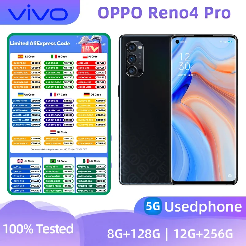 Oppo Reno4 Pro 5G Android CPU Qualcomm Snapdragon 765G  6.5 inches Screen ROM 256GB 4000 MAh Battery 63W Charge 90hz Used Phone