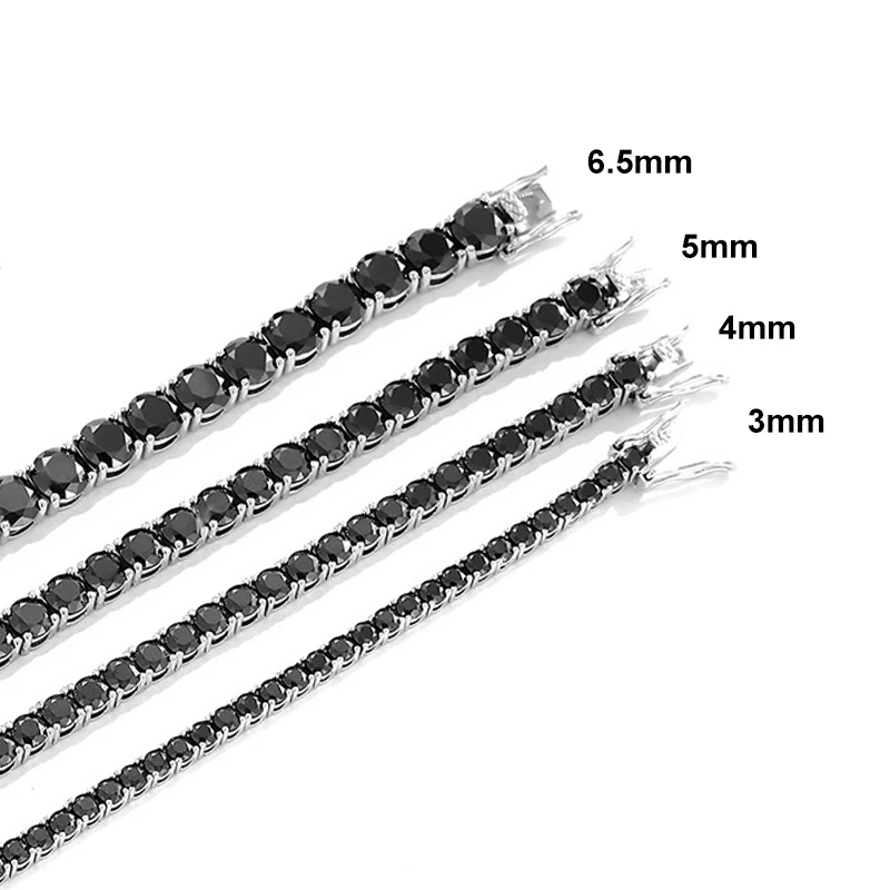 NeeTim 3/4/5/6.5mm Black Moissanite Tennis Necklace for Women Man 925 Silver with Gold Plated Neck Chains Hiphop Party Jewelry