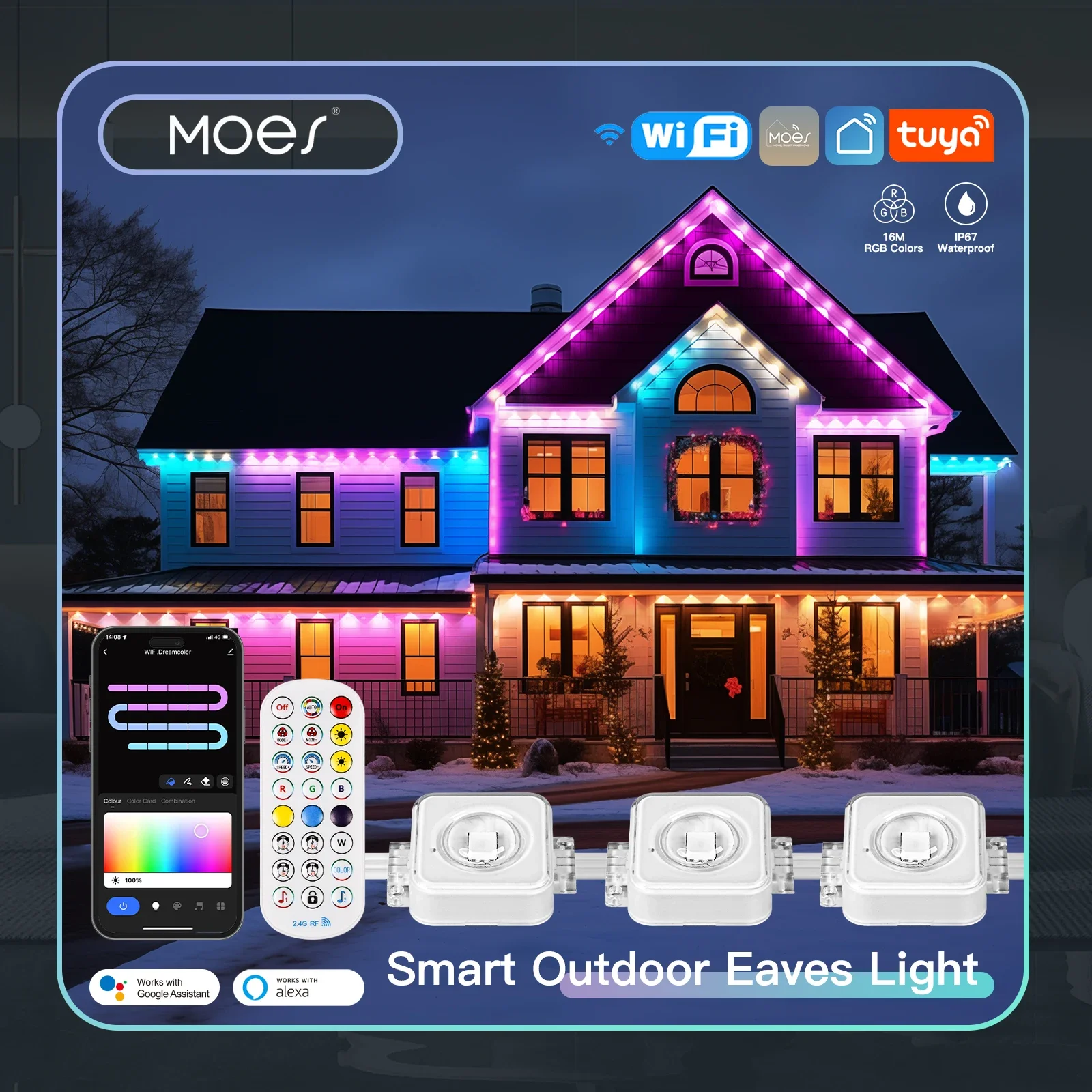 MOES-Smart Eaves String Luzes LED para exterior, IP67 impermeável, cor RGB, controle remoto RF, Alexa, Google Home, Wi-Fi, Tuya, 1600 milhões