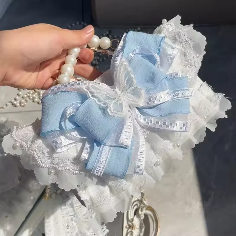 Romantic French Fashion Lolita Princess Girl Handbag Elegant Lace Bow Delicate Elegant Butterfly Pearl Gentle Afternoon Tea Bag