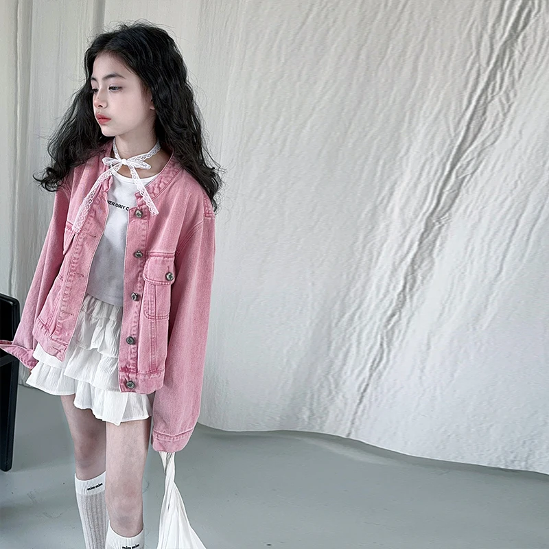 خريف جديد الوردي في سن المراهقة الفتيات الدنيم سترة 4 5 6 7 8 9 10 11 12 13 14 صغار الاطفال معطف غير رسمي الأطفال ملابس خارجية