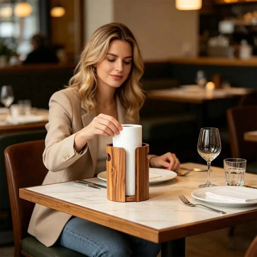 Cylindrical Shape Wooden Paper Towel Holder Freestanding Waterproof Paper Towel Stand Anti‑Splash Paper Roll Organizer