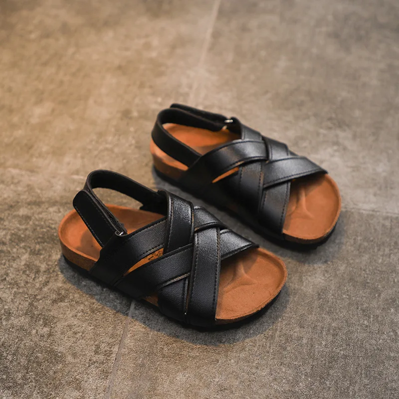 2023 Summer Kids Pu Leather Sandals Baby Girls Casual Shoes Children Beach Sandals Boys Brand Black Shoes Fashion Sport Sandals