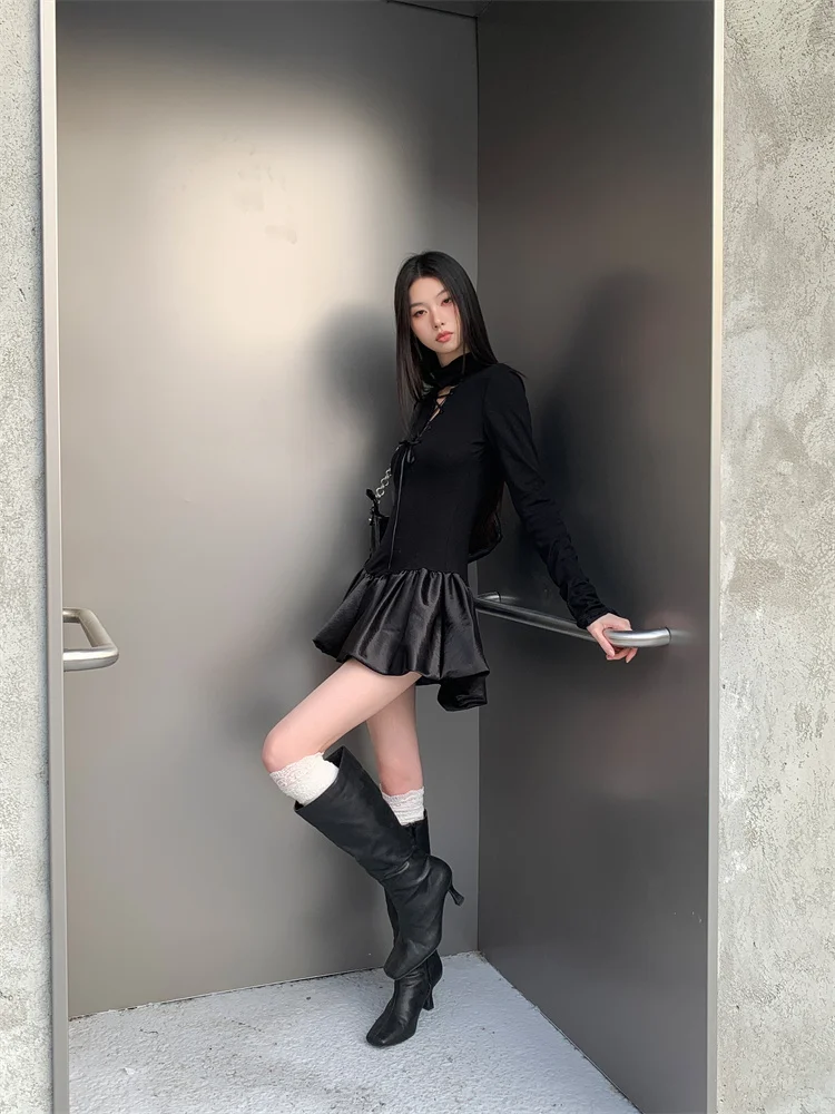 Abito da ballo corto nero gotico con bocciolo corto per donna Mini abiti corti con fasciatura montata sul collo stile punk vintage Party Night Vestido