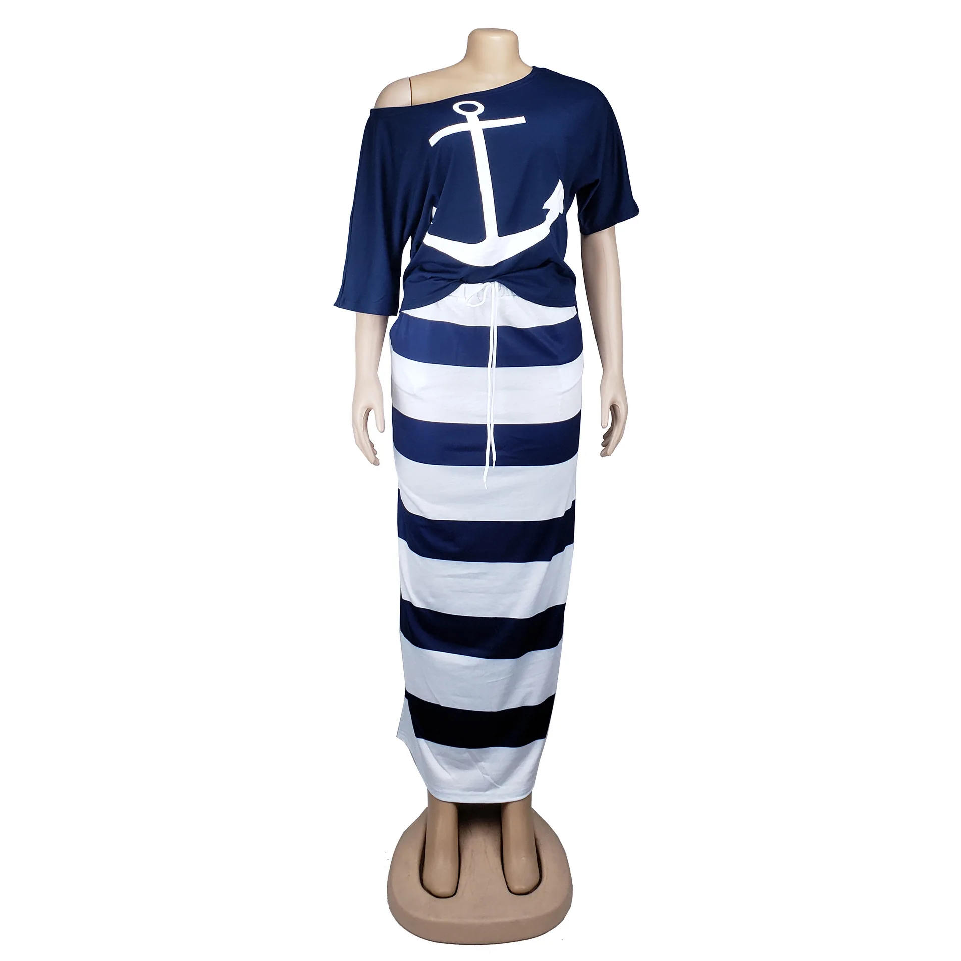 AL088 Women\'s Independent Station Skirt Set Anchor Printing Two-piece Set Navy Striped Skirt