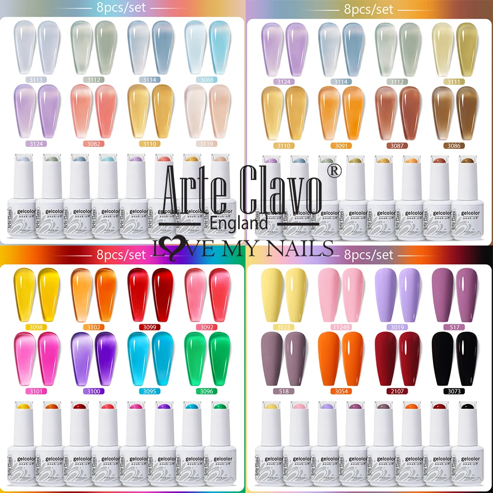 

Arte Clavo 8Pcs Gel Nail Polish Spring Set Nail Art Soak Off UV Gel Colorful Kit Semi Permanent Hybrid Gel Varnish Base Top LED
