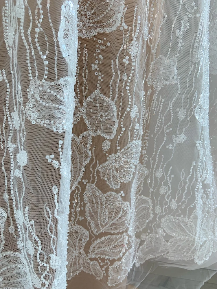 1 Yard Off White Bead Lace Fabric With Flowers For Dress, Heavy Bead Tulle Lace Fabric