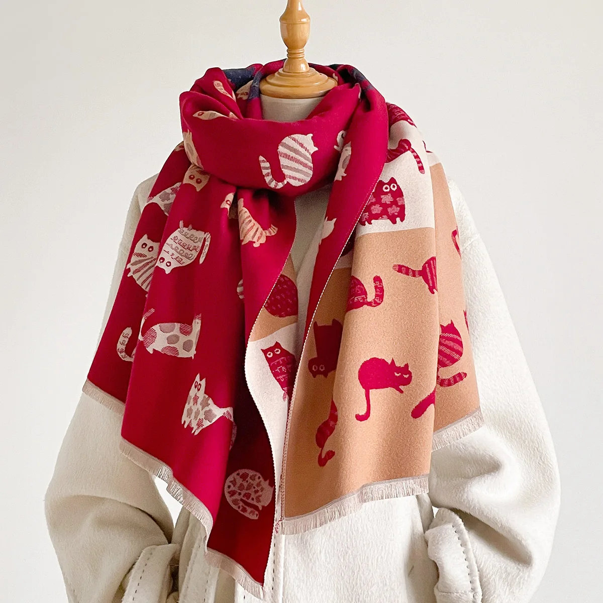 Scarf Women Cat Jacquard Shawl Wrap Double Sided Fall Neck Warmer Ladies Animal Pattern Cape Stole Daily Outdoor Office view 3