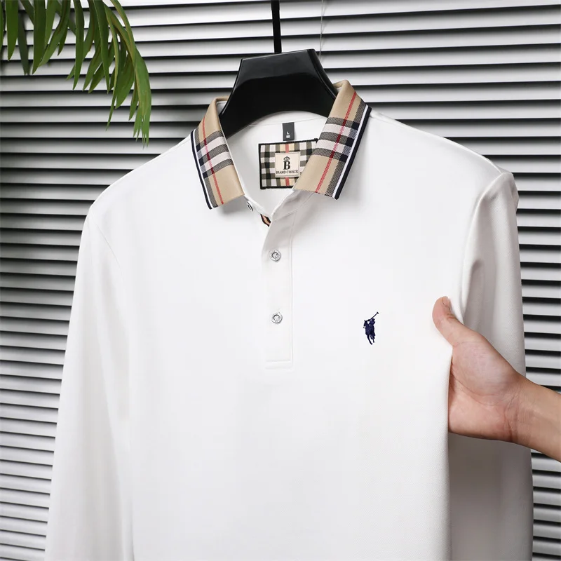 

New Long Sleeved T-shirt for Men in Spring and Autumn Men's Cotton Embroidered Lapel Base Polo Shirt