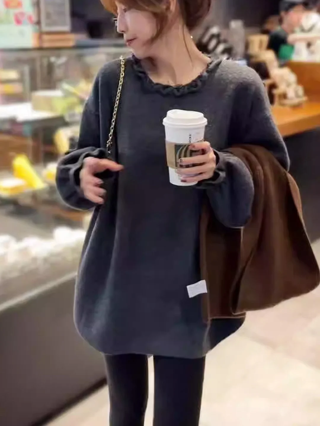 

Ladies Thiened Long Sve round Ne Sweater Mid-Length Knitted irt Winter Warm Soft Cotton Inner Wear Casual Sle