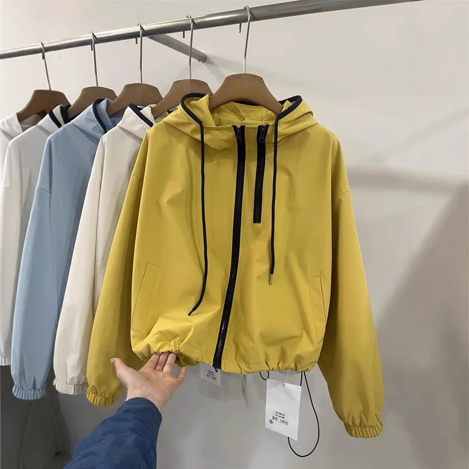 

Jacket Coat Women Hooded Windbreaker Rain Jackets Double Zipper Pockets Overcoat Female Outdoor Casual Sporty Outerwear Autumn