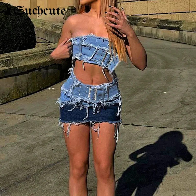 

SUCHCUTE y2k Denim Patchwork Women Mini Dress And Crop Tops 2 Pieces Sets Fairycore Vintage Button Up Streetwear Outfits 2000S