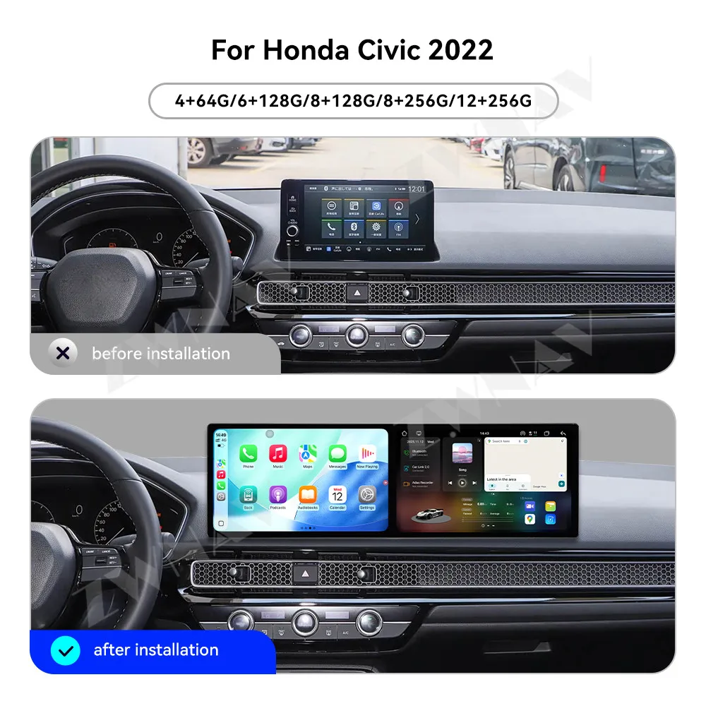 18.2‘’ Car Radio For Honda Civic 2022 Dual Screen Wireless Carplay GPS Navigation Andriod AutoMultimedia Player Head Unit WIFI