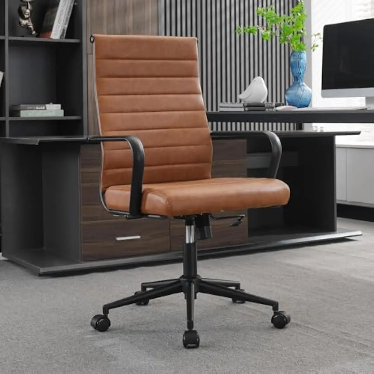 Ergonomic swivel office chair with adjustable height thick cushioned seat curved backrest faux leather upholstery 360° rotation