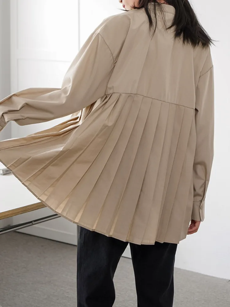 Bonboho-Camiseta de manga larga con cuello levantado para mujer, camisa plisada abotonada a la moda, Tops informales, Color sólido, 2026