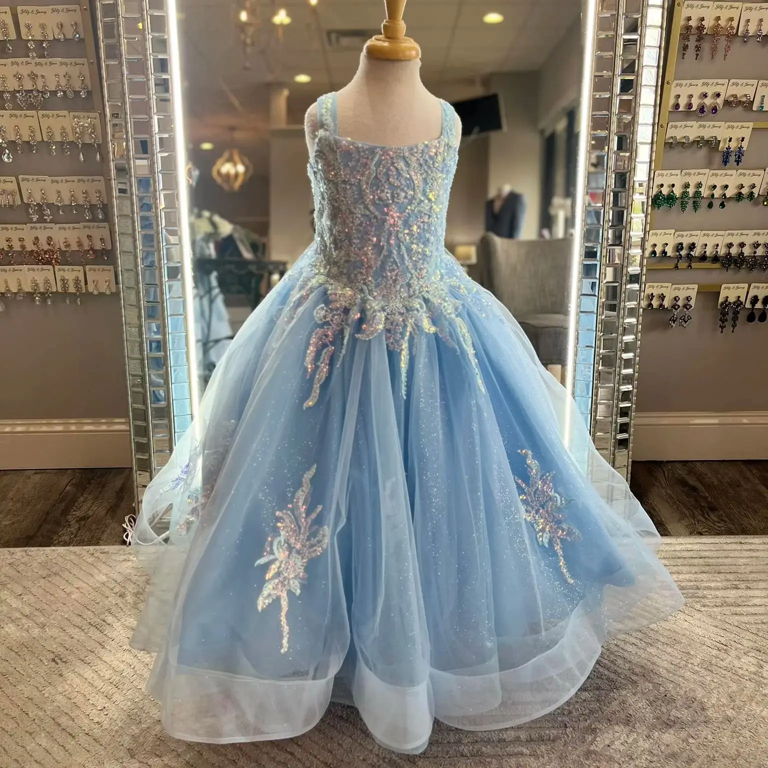 Cswdocy Blue Flower Girls Dresses Customized Lace Appliqued Beaded Kids Party Girl Pageant Dress Sequined Birthday Ball Gowns