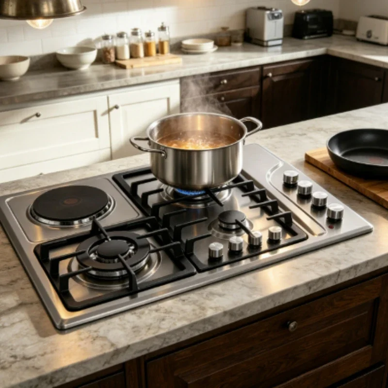 Built-in Stainless Steel Gas Electric Cooktop 4 Burner Hob 3 Gas +1 Ceramic Hot Plate Combo Stove for Home Kitchen