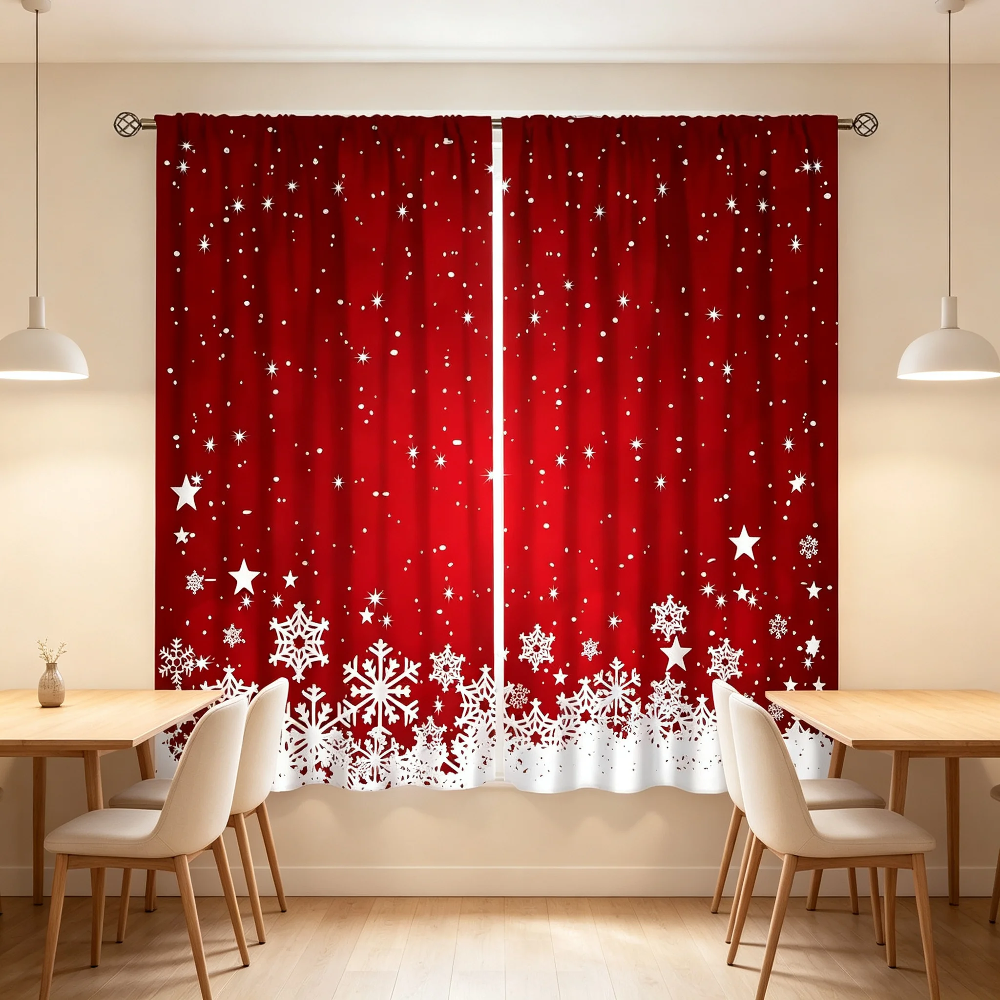 2PCS Christmas Curtains Red Background White Snowflake Star Pattern Digital Print Drapes for Living Room Bedroom Holiday Decor