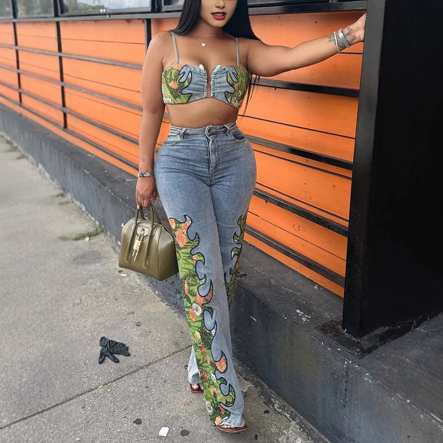 سروال دينم نسائي مطبوع مضحك عالي الخصر بسحاب يطير جينز مستقيم 2025 صيف جديد شعبي ملابس الشارع الشهير ملابس حفلات النادي المثيرة