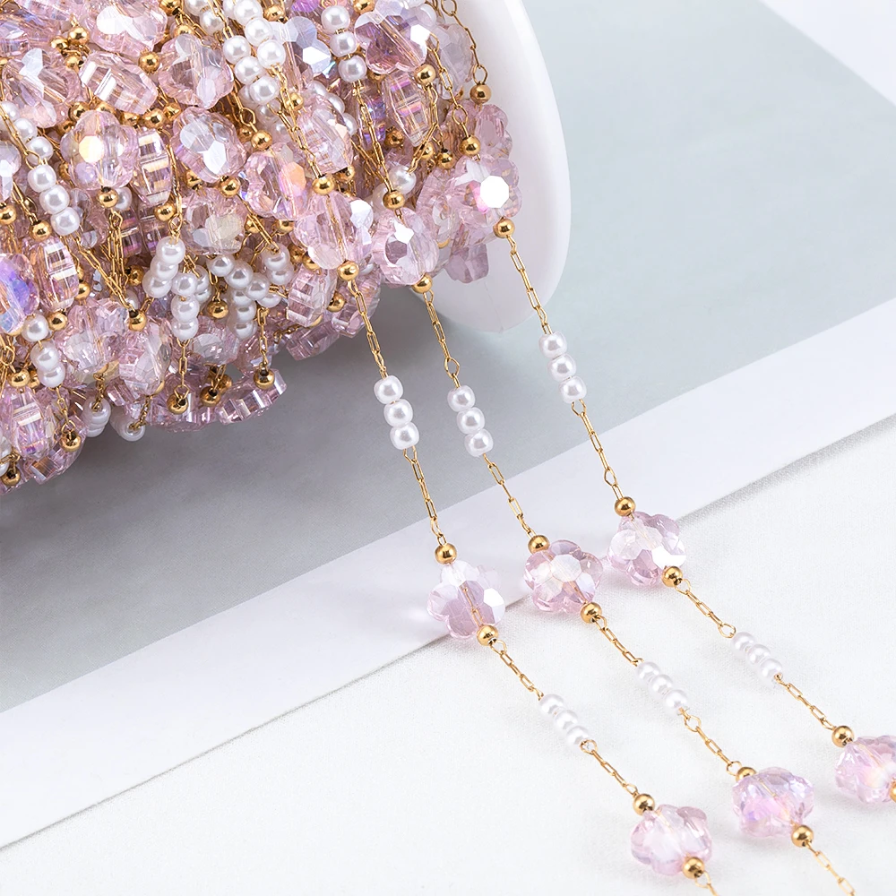 No Fade 1Meter Stainless Steel Crystal Butterfly Pink Flower Beaded Chains for Bracelet Necklace DIY Jewelry Findings Quality