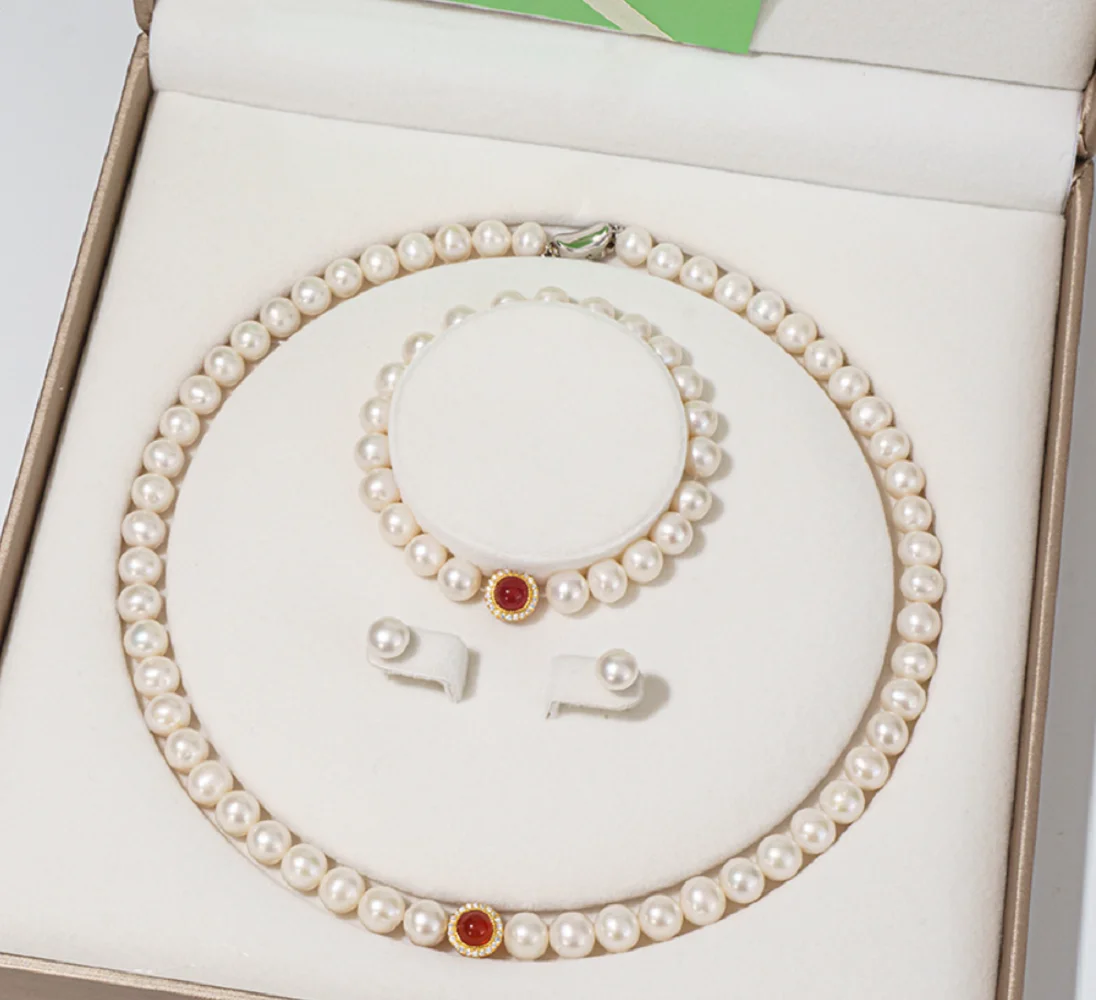 

Ожерелье из натурального круглого белого жемчуга Южного моря AAAA8-9 мм, ожерелье 18 дюймов + закрытый эластичный браслет, комплект серег 8 дюймов/925s