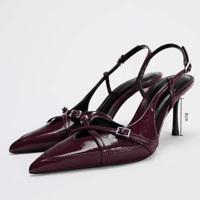 

Woman’s Silver and Wine Red Leather High Heels Sexy Pointed Toe Slingback Pumps Elegant Ladies French Style Stiletto Sandals