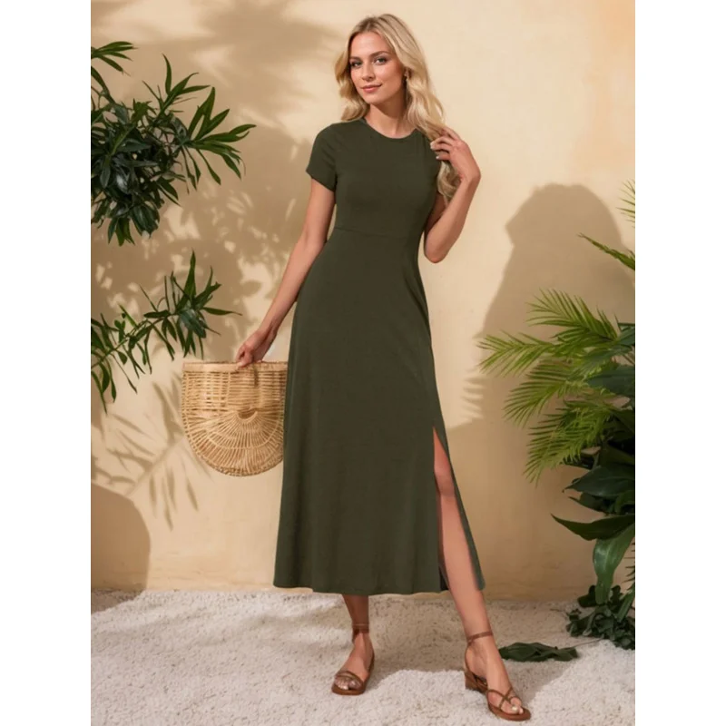 

2025Spring Summer New Women's Round Neck Split Short Sleeve Midi Dress Casual Vacation Dress