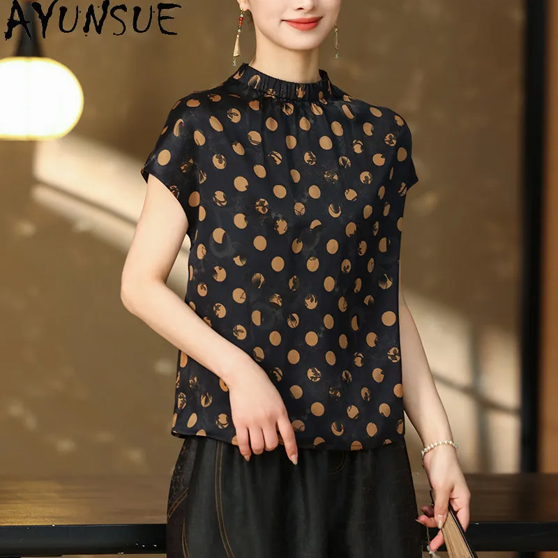 AYUNSUE 100% Real Mulberry Silk Womens Tops Vintage Printed Women T Shirts Summer Pleated Clothes for Women 2026 Ropa De Mujer