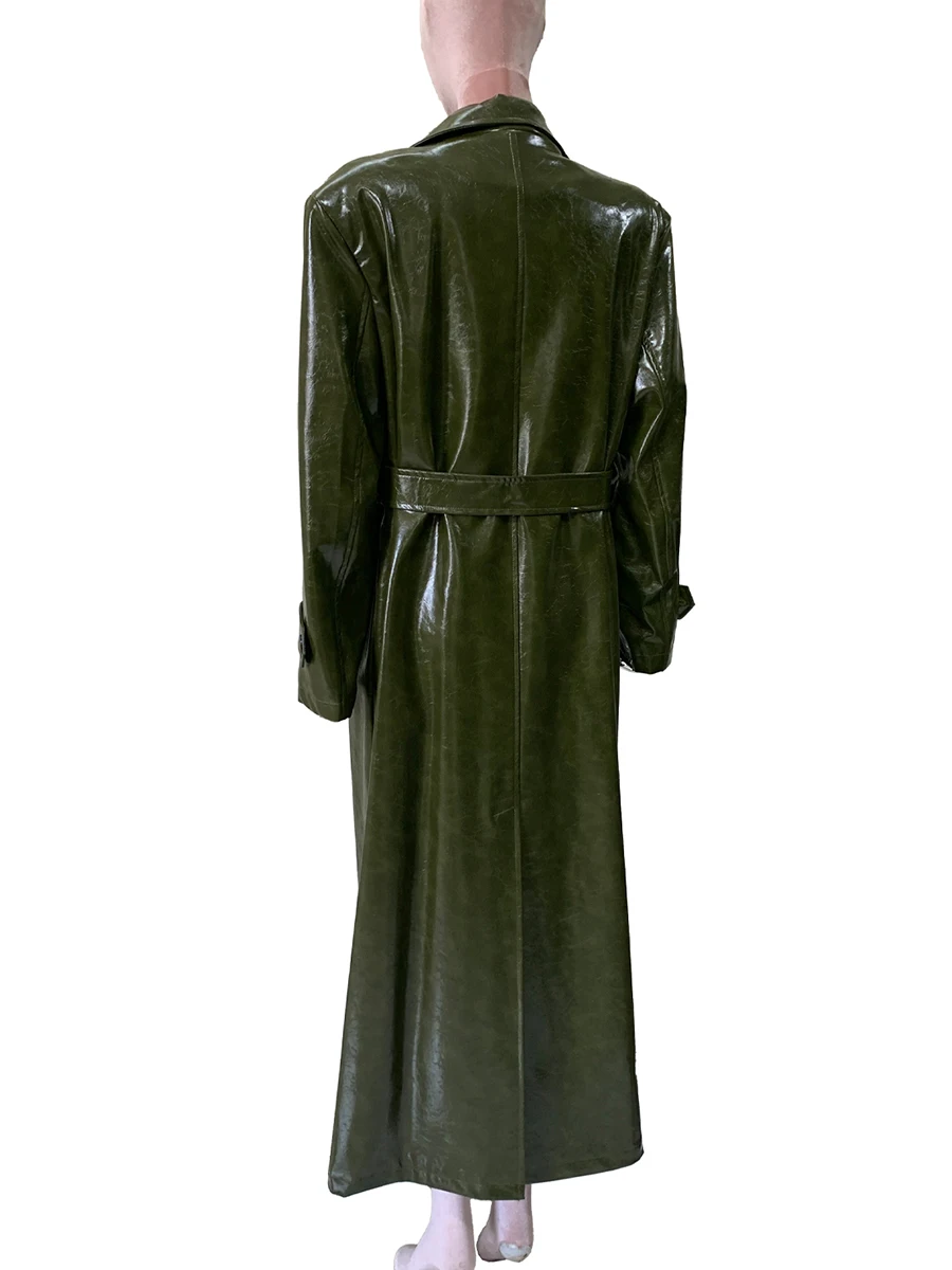 Spring Autumn Loose Luxury Extra Long Shiny Patent Leather Trench Coat for Women Sahes Double Breasted Luxury Designer Clothes