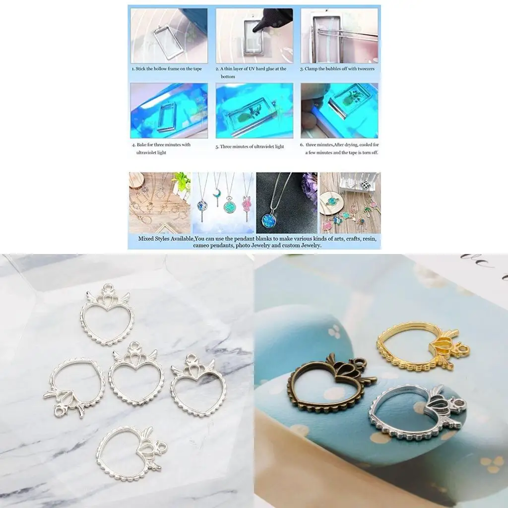  5x/Set Hollow Wings Heart Pendant Frame UV Resin Pendant Open Back Bezel for Jewelry Making Pressed Flower DIY Art Craft