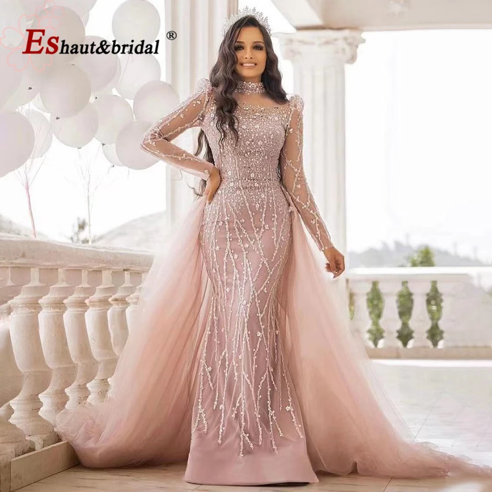 Elegant Muslim Mermaid Dubai Evening Dress for Women 2024 Long Sleeves High Neck Beads Formal Prom Wedding Party Gown Customized