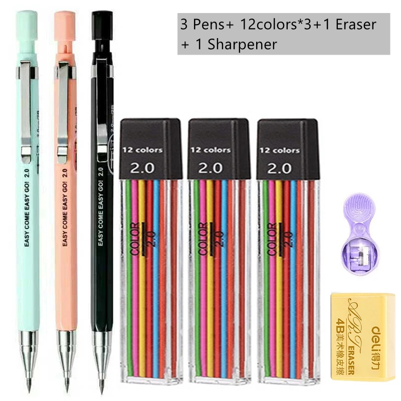 

Mechanical Pencil Set 2.0 mm with 2B Black/Colors Lead Refill For Writing Sketching Art Drawing Painting School Automatic Pencil