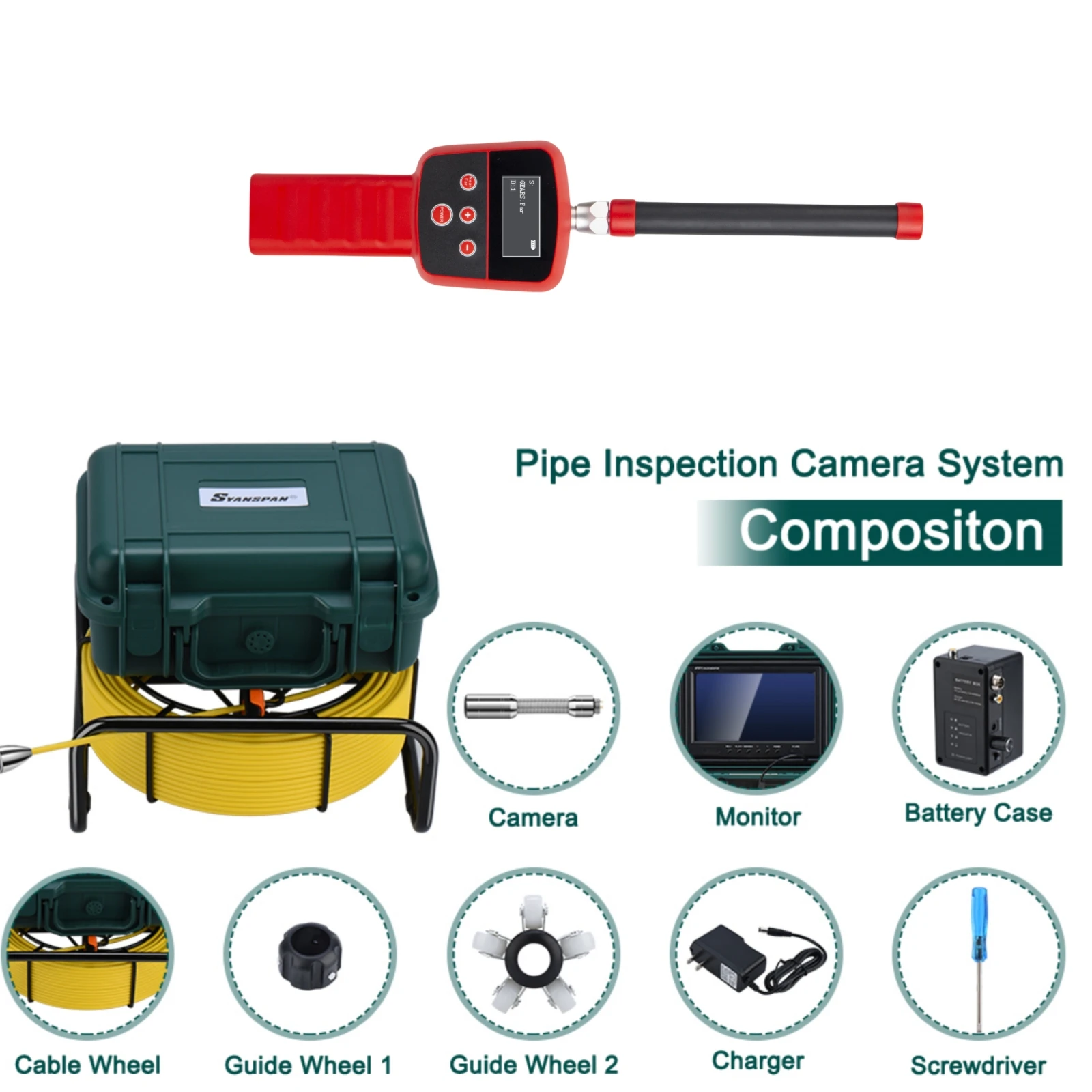 

50M Cable Sewer Camera With 512Hz Locator Self-Leveling 512HZ Transmitter Waterproof IP68, 16GB SD Card Pipe Inspection Camera