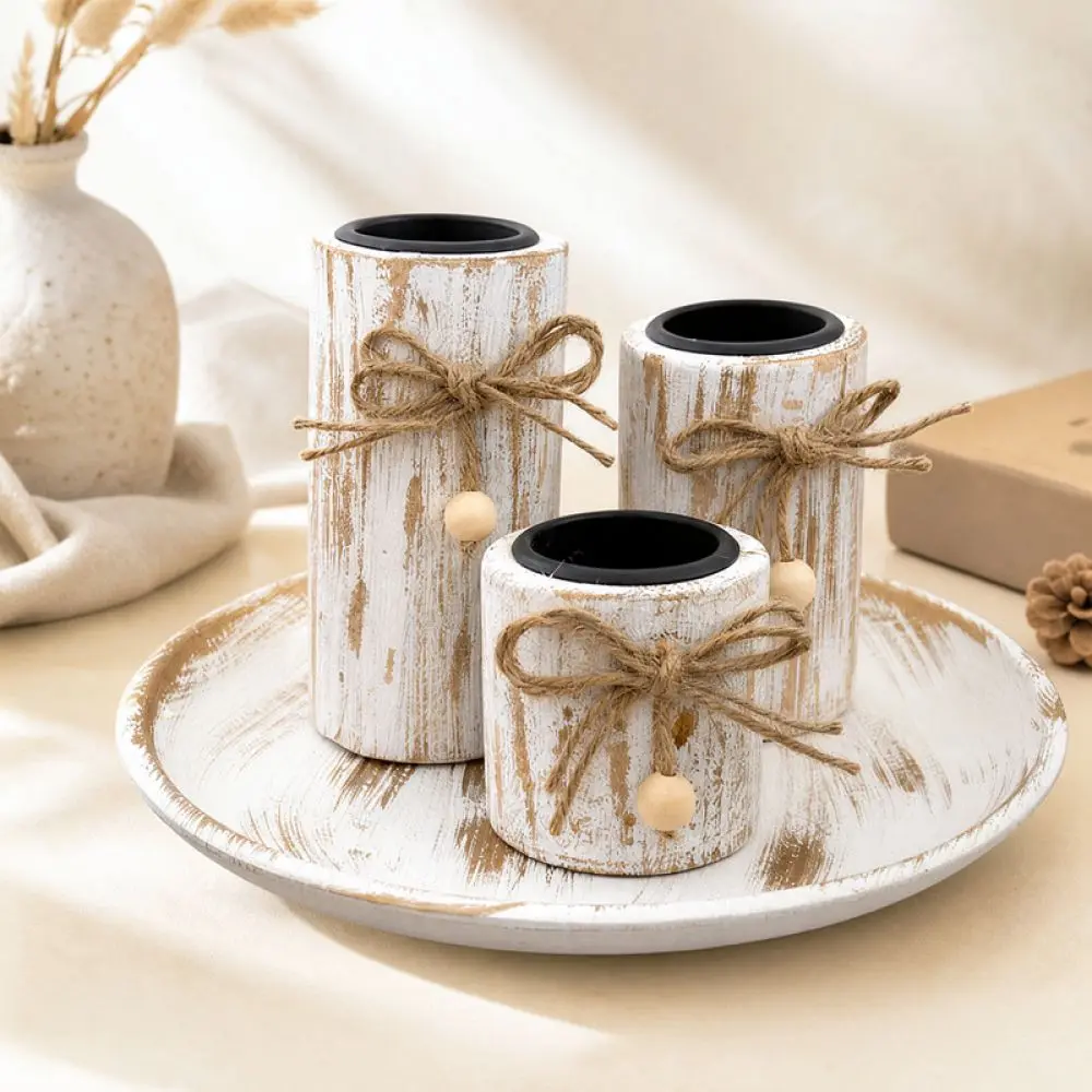 Vintage Wood Candle Holder Distressed White Candlestick Stand Table Ornament For Wedding Party Home Decorative Gift
