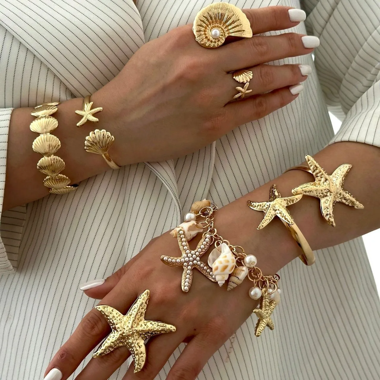 

Летний пляжный комплект украшений, кольца с ракушками и морской звездой и геометрической открытой манжетой, браслет в стиле бохо для женщин