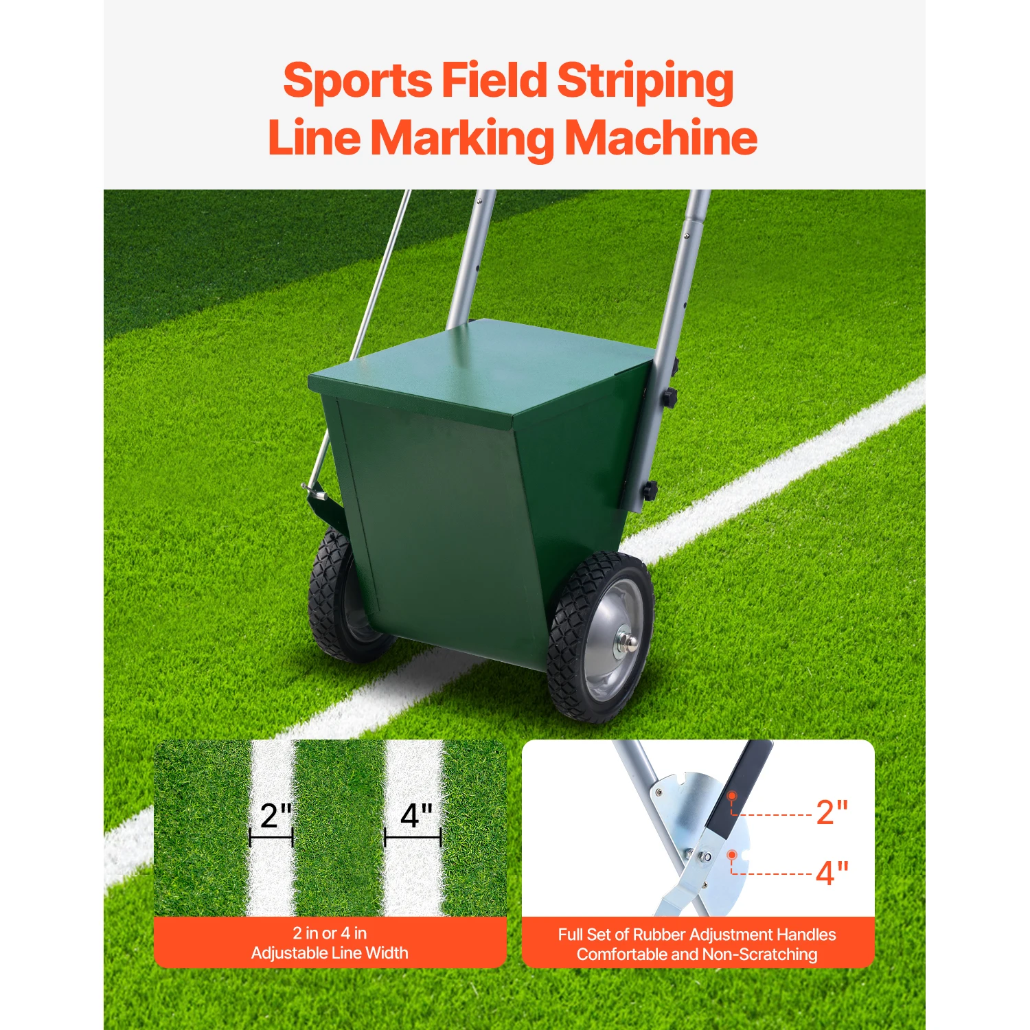 Dry Line Marker, 2-Wheel, 2 or 4 in Lines, 25 lbs Large Powder Capacity, Field Dry Line Chalker, Adjustable Line Marker, Green, Featuring Rubber Adjustment Handle