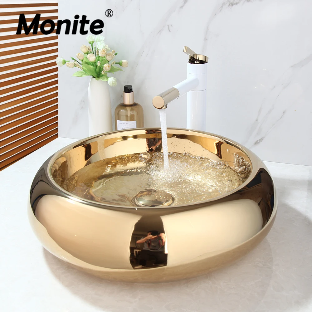 Monite Luxury Golden Plated Ceramic Round Bathroom Bath Combine Mixer Set Lavatory Washbasin Sink Brass Faucet Set w/ Pop Drain