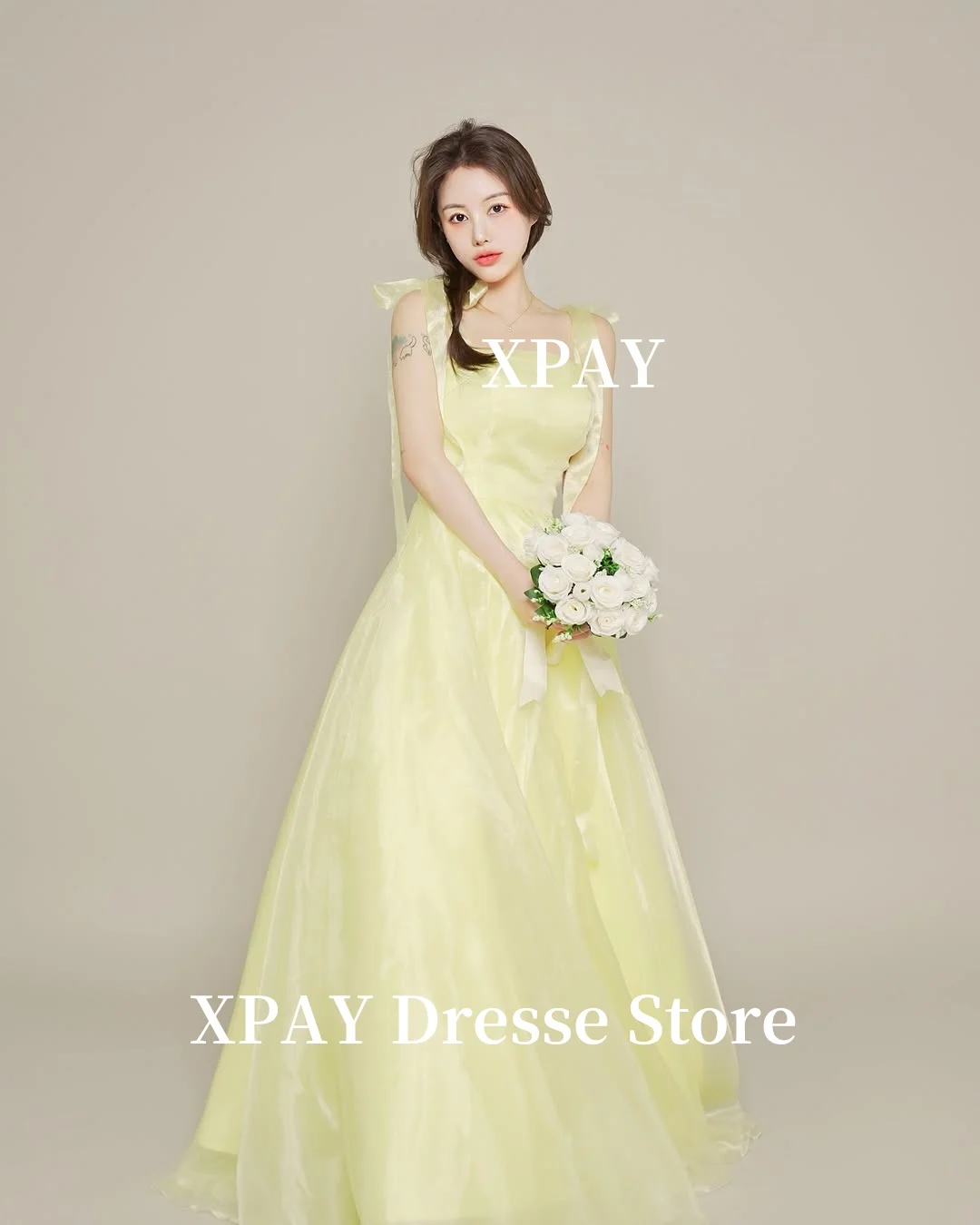 

XPAY Простые трапециевидные желтые вечерние платья Lemo Корейская фотосессия с регулируемыми бретелями Свадебные платья Формальная вечеринка по индивидуальному заказу