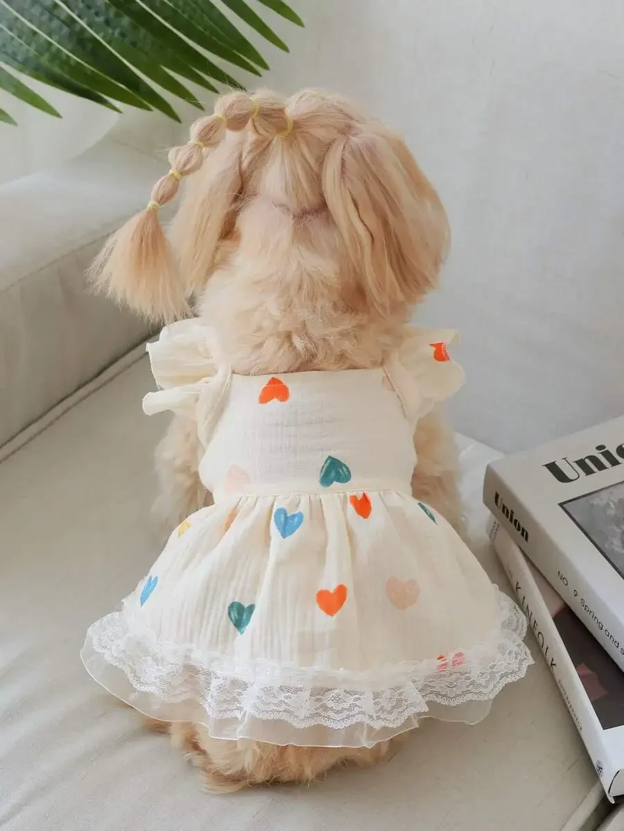 

Valentine's Day 1pc Heart Print Ruffle Trim Pet Dress For Dog For Summer