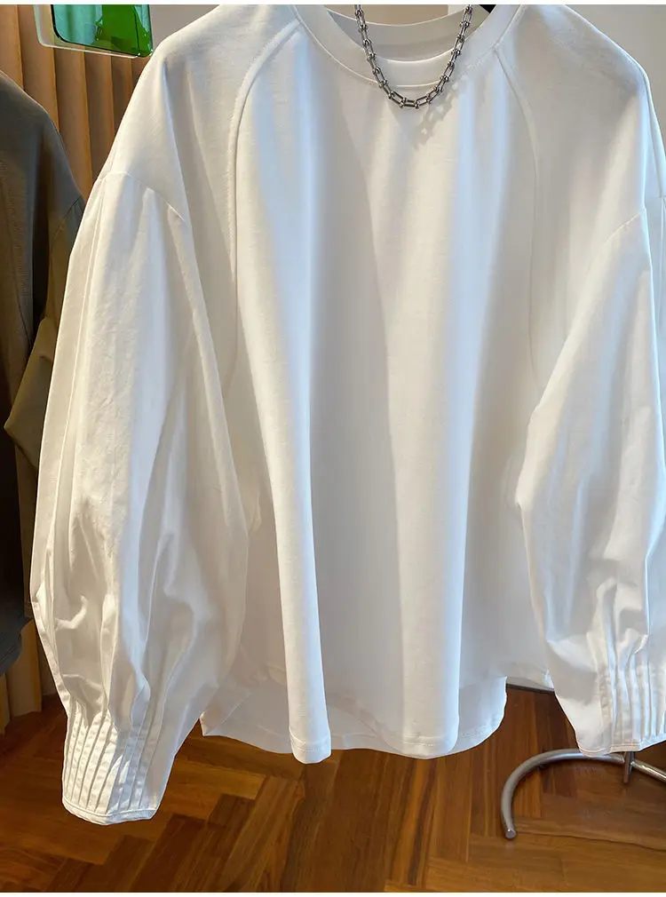 여성용 스플라이싱 긴팔 스웨터셔츠 봄 가을 루즈핏 화이트 랜턴 티셔츠 디자인 니치 이너웨어 얇은 상의