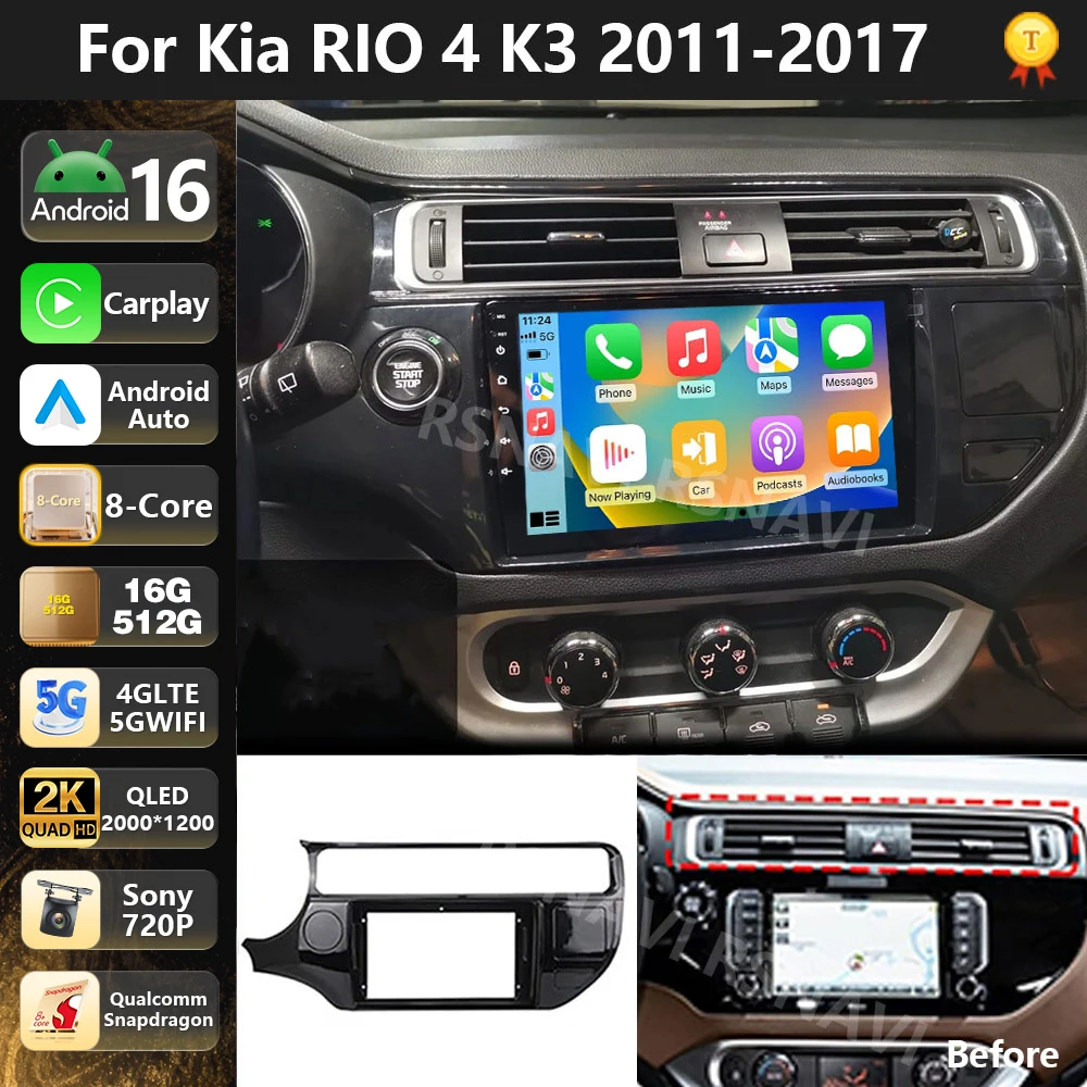 Radio Multimedia para Auto con Qualcomm Android 16 para Kia RIO 4 K3 2011-2017, Carplay Inalámbrico, Estéreo para Auto 2 Din, wifi+4G GPS