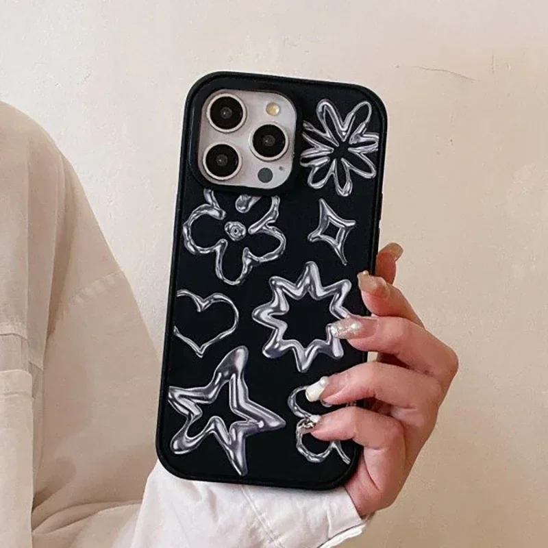 

Water Waves Stars Flowers Moon Magnetic Black Frosted Phone Case Cover for IPhone 13 14 15 16 Pro Max Case